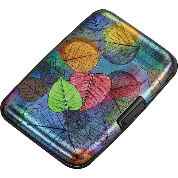 Men Women Colorful Leaves Wallet Business Card Case Metal ID Case - Picture 1 of 7